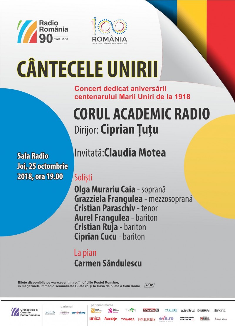 Cântecele Unirii, concert dedicat Centenarului României, la Sala Radio