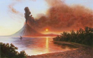 10 aprilie 1815 - Vulcanul Tambora, insula Sumbawa, Indonezia. Pictură de Rob Wood (erlebnis-geologie.ch)