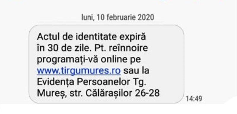 Notificări prin SMS privind expirarea sau pentru ridicarea actelor de identitate, la Târgu Mureş