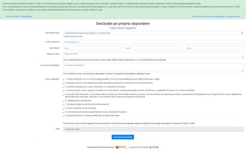 Platformă electronică pentru completarea online a declaraţiilor pe proprie răspundere