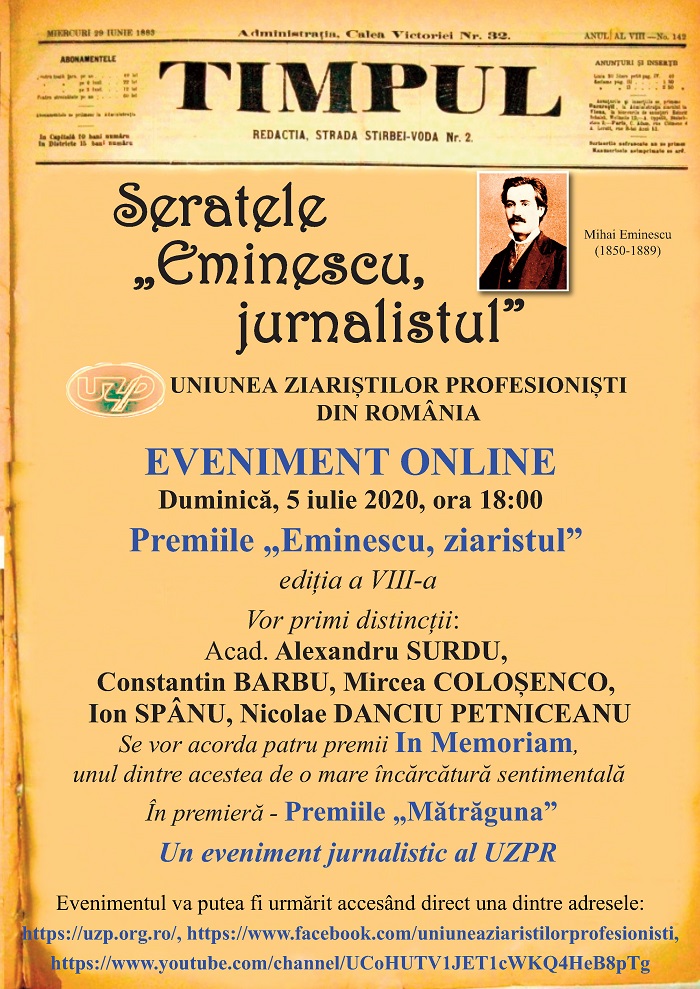 Uniunea Ziariştilor Profesionişti din România acordă azi premiile „Eminescu, ziaristul”