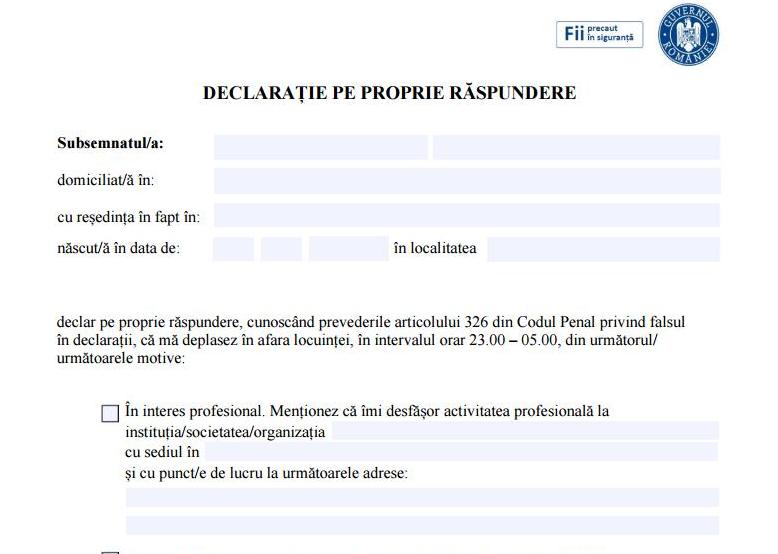 A fost stabilit modelul declaraţiei pe propria răspundere pentru deplasarea în afara locuinţei în intervalul orar 23,00-05,00 A fost stabilit modelul declaraţiei pe propria răspundere pentru deplasarea în afara locuinţei în intervalul orar 23,00-05,00