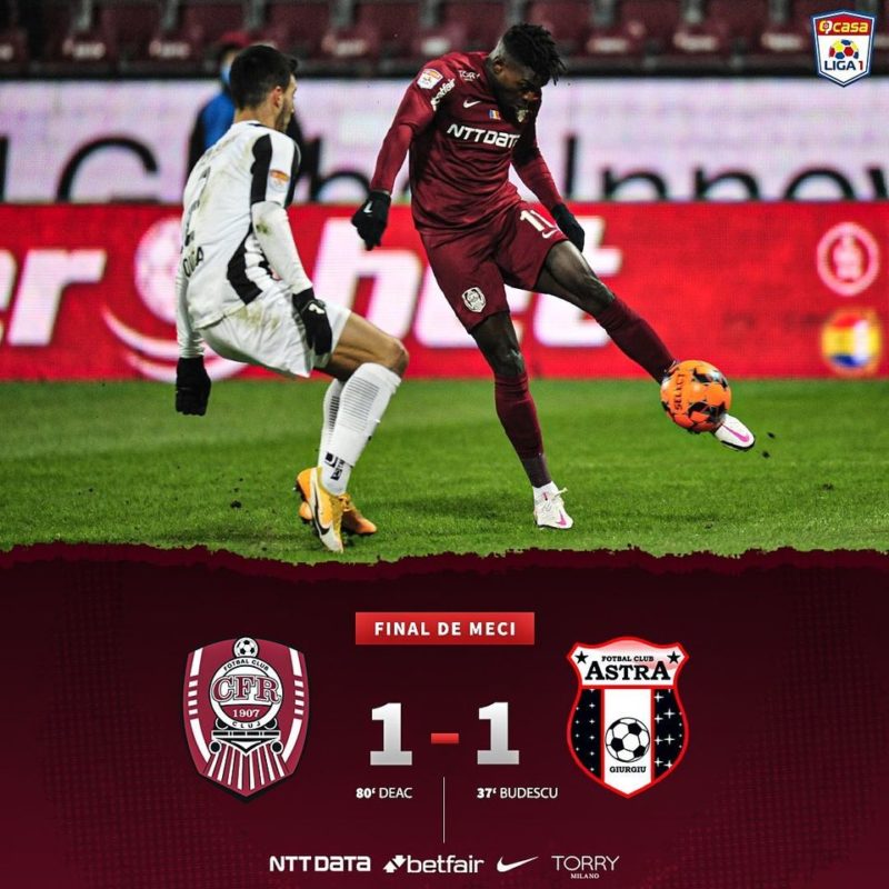 CFR Cluj, doar 1-1 cu Astra Giurgiu