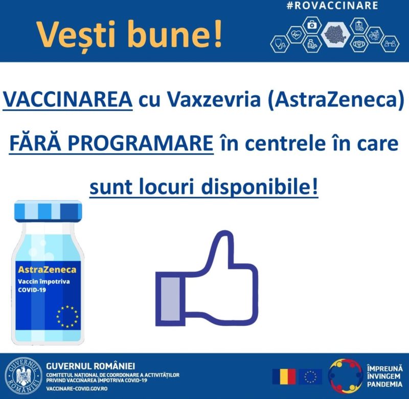 Cu AstraZeneca te poți vaccina direct în centrele de vaccinare fără înscriere pe platformă