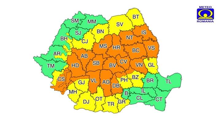 Cod portocaliu de ploi în Mureș, Harghita, Covasna și Brașov