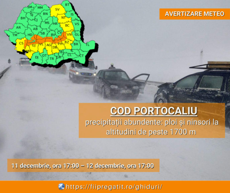 Cod portocaliu de ninsori şi ploi abundente în Carpaţii Meridionali şi de Curbură