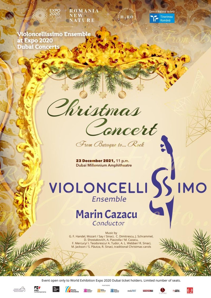 Ansamblul Violoncellissimo condus de Marin Cazacu susține astăzi, al doilea concert de Crăciun la Expoziția Internațională Dubai2020