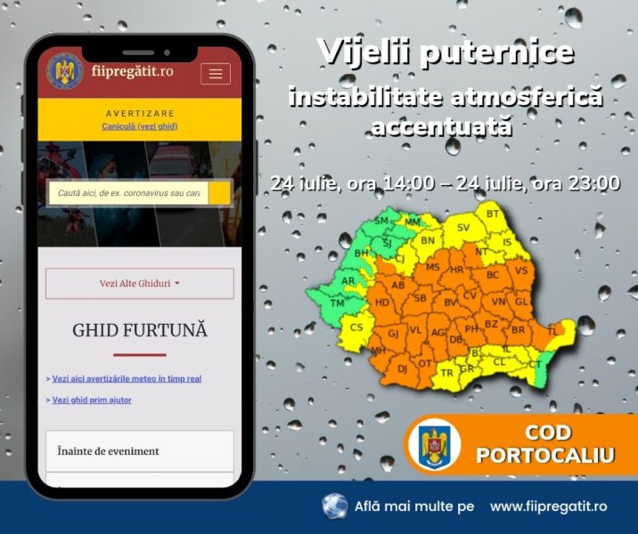 Cod galben de instabilitate atmosferică accentuată în cea mai mare parte a țării