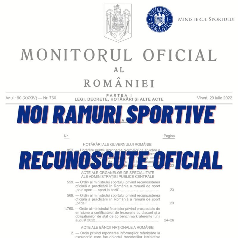 Ministerul Sportului a recunoscut practicarea oficială a două noi discipline, sportul la bară şi padelul