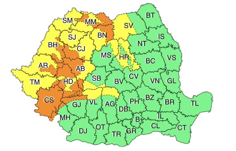 Cod galben de ploi și vânt puternic în unele regiuni și cod portocaliu de ploi abundente la munte