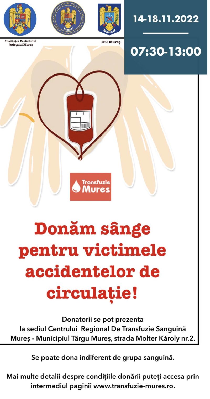 1000 de persoane rănite în accidente rutiere, în Mureș anul acesta. ISU a lansat o campanie de donare de sânge pentru victimelor accidentelor rutiere