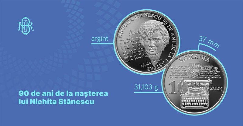 BNR lansează o monedă din argint cu ocazia împlinirii a 90 de ani de la naşterea poetului Nichita Stănescu