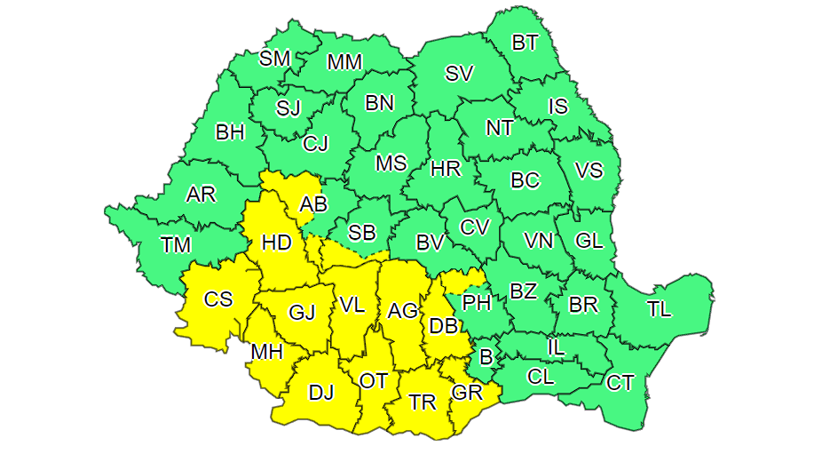 Avertizare cod galben de vreme instabilă în 14 județe din sud-vestul țării Avertizare cod galben de vreme instabilă în 14 județe din sud-vestul țării