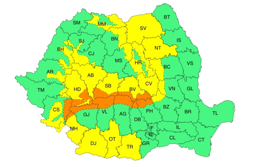 Coduri portocalii și galbene de viscol, emise de ANM