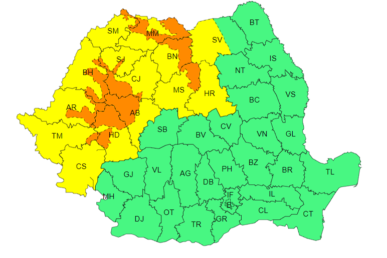 Coduri portocaliu și galben de precipitaţii însemnate cantitativ