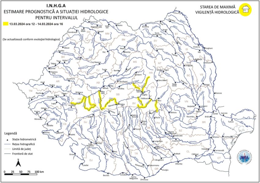 Cod galben de inundaţii pe râuri din judeţele Harghita, Mureş, Braşov, Sibiu şi Alba