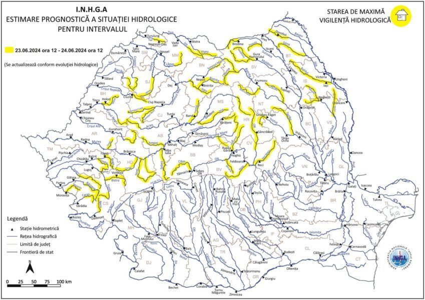 Hidrologii au emis o atenționare cod galben de inundații și viituri pe râuri din 24 de județe