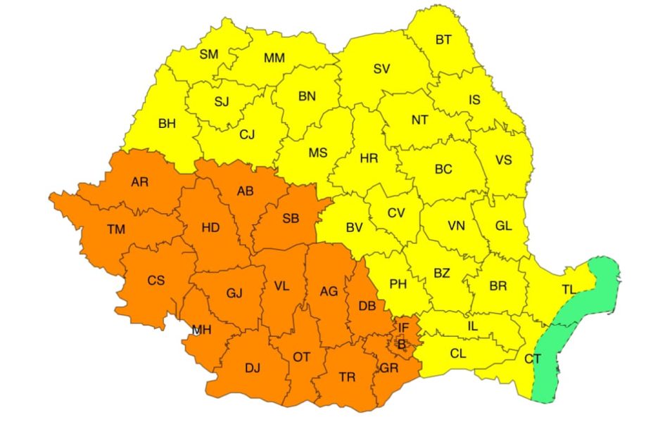 Aproape toată ţara va fi mâine sub cod galben sau portocaliu de caniculă Aproape toată ţara va fi mâine sub cod galben sau portocaliu de caniculă