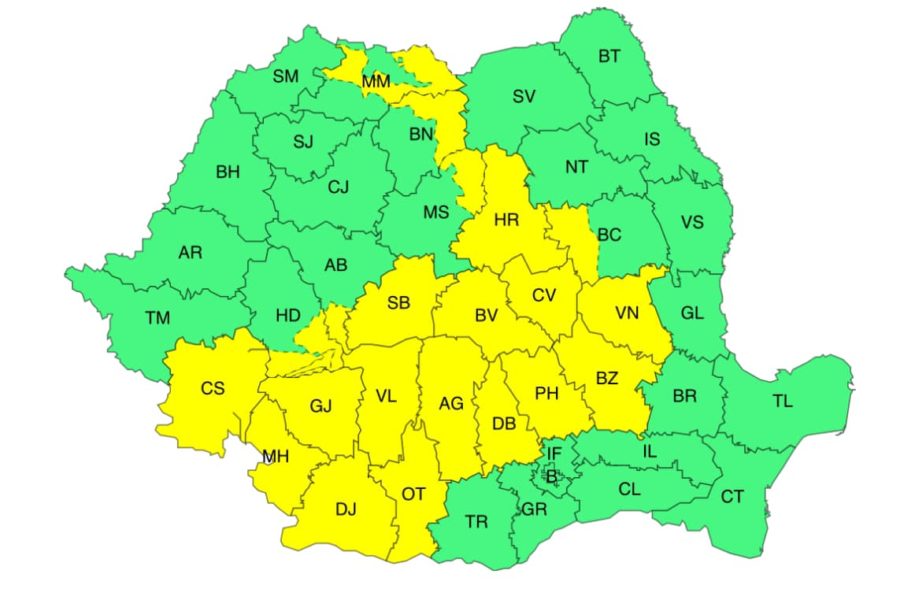 Județele Harghita, Covasna, Brașov și nord-estul județului Mureș rămân și astăzi sub cod galben de instabilitate atmosferică