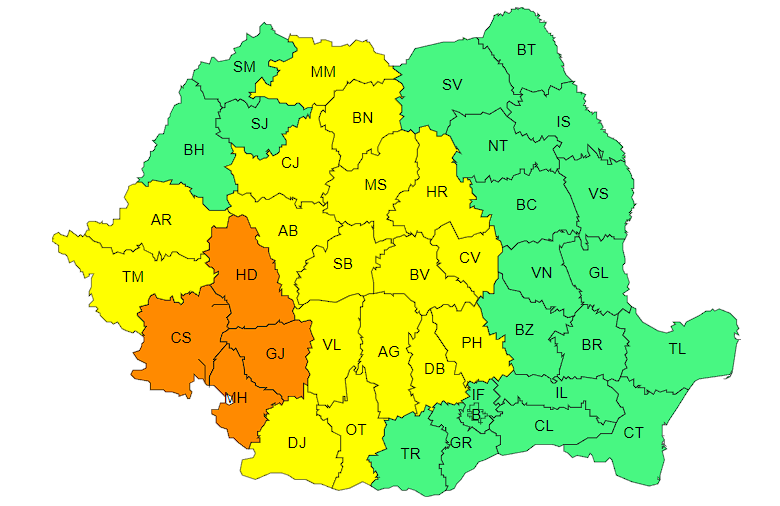 Cod portocaliu și galben de ploi torențiale și vijelii, în jumătatea de vest a țării