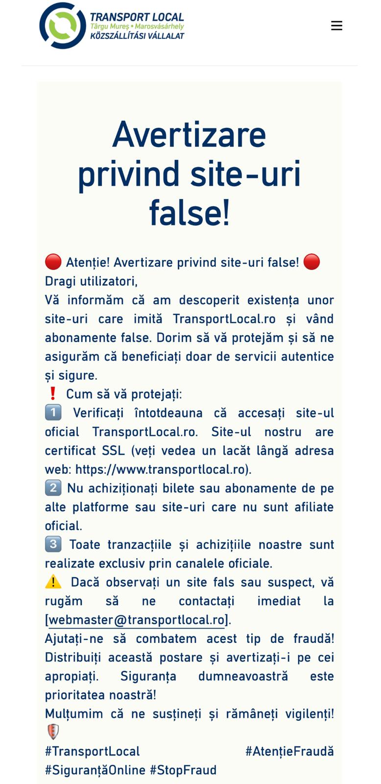Atenționare privind abonamente false de transport local în Tg. Mureș!
