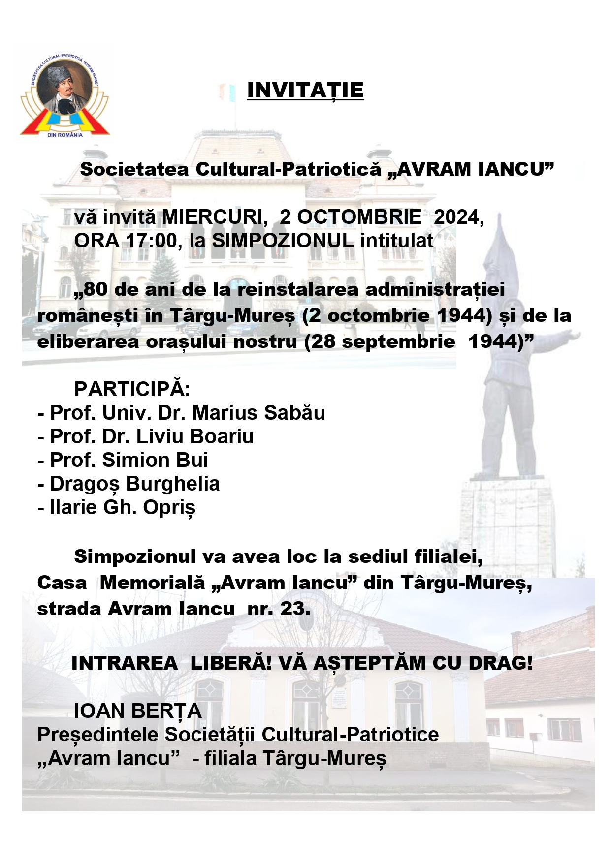 Societatea „AVRAM IANCU” aniversează reinstalarea administrației românești la Tg.Mures