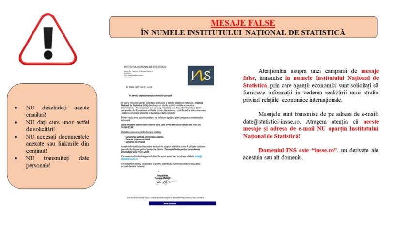 Institutul Naţional de Statistică avertizează publicul cu privire la o serie de mesaje false trimise în numele instituţiei