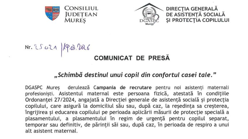 Mureș: ”Schimbă destinul unui copil din confortul casei tale!”