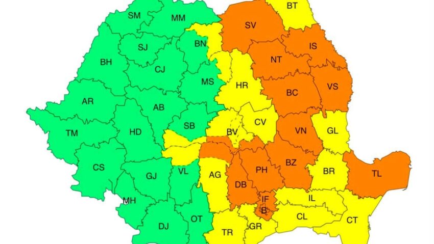 Cod portocaliu şi galben de furtuni şi averse în jumătate de ţară