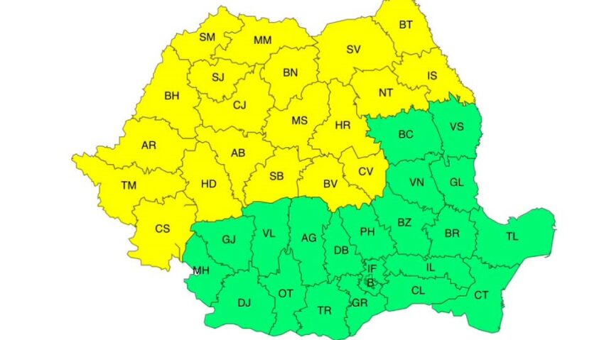 Cod galben de averse, vijelii şi descărcări electrice în majoritatea regiunilor